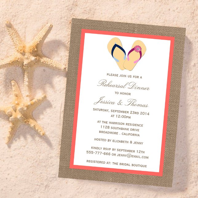 Invitation Dîner de répétition Flip Flop Sand Beach Burlap (Créateur téléchargé)