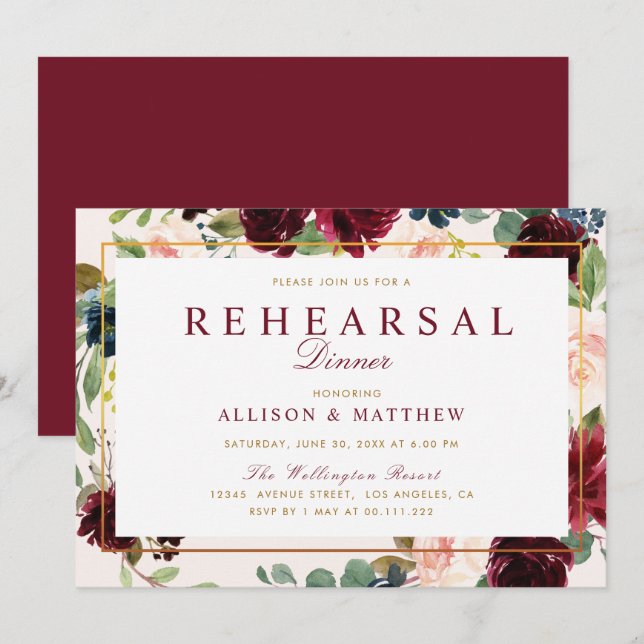 Invitation Dîner de répétition floral à l'aquarelle bordeaux (Devant / Derrière)