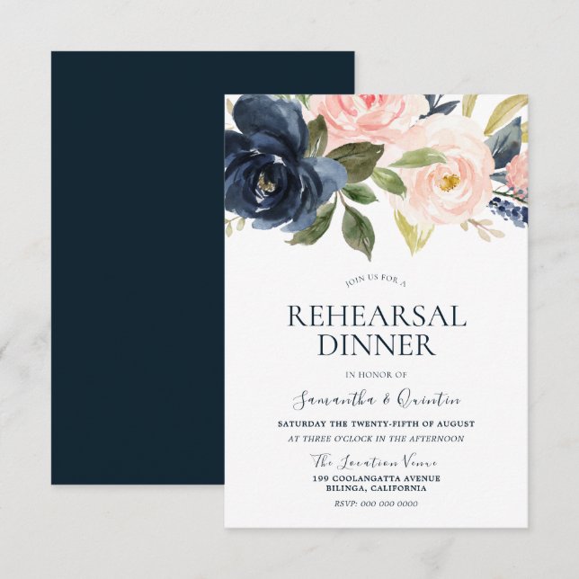 Invitation Dîner de répétition floral aquarelle bleu marine r (Devant / Derrière)