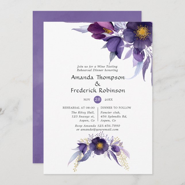 Invitation Dîner de répétition floral aquarelle prune violet (Devant / Derrière)