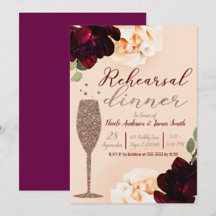 Invitation Dîner de répétition floral au champagne pêche mars