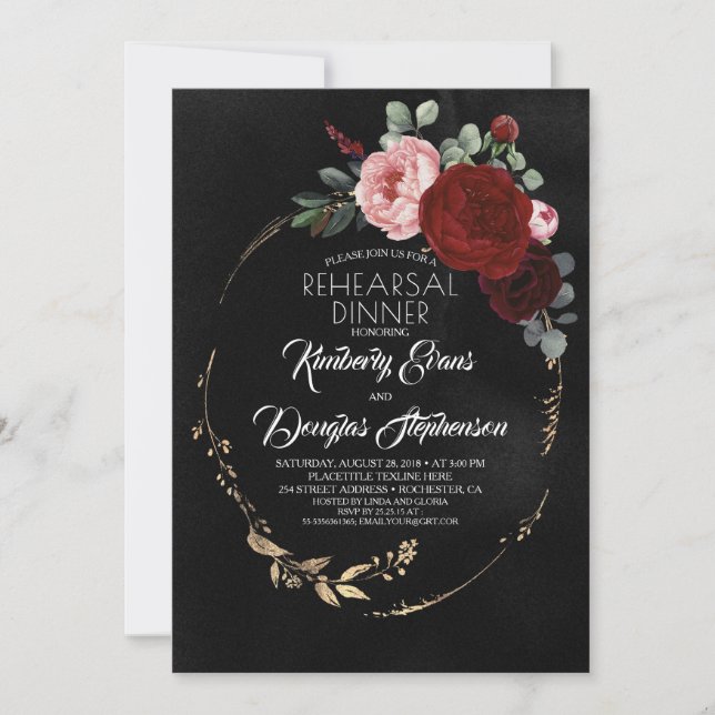 Invitation Dîner de répétition Floral Black Burgundy Red Gold (Devant)