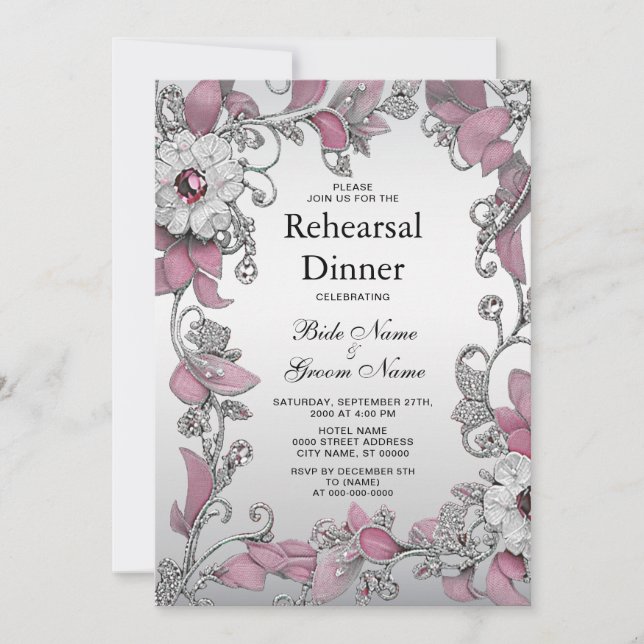 Invitation Dîner de répétition Floral Blanc Argent Rose (Devant)