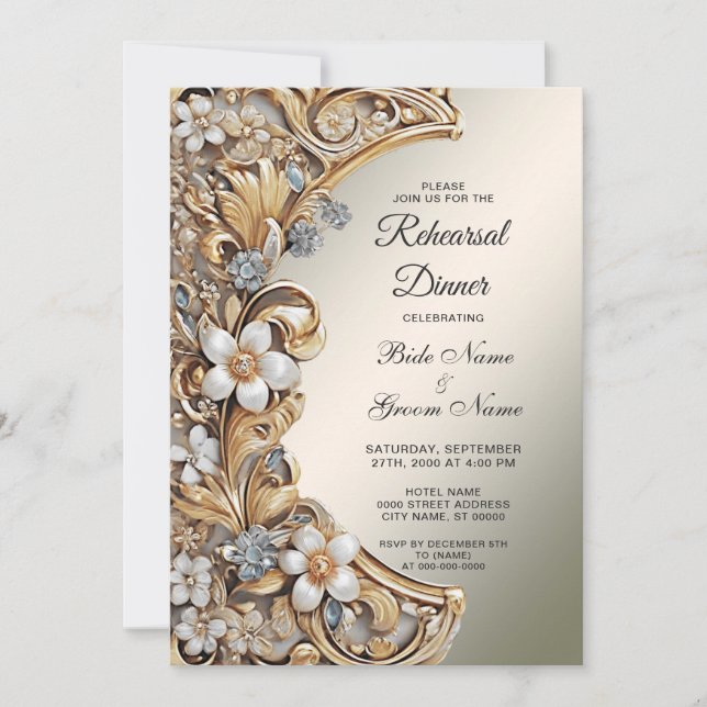 Invitation Dîner de répétition Floral Blanc Or (Devant)