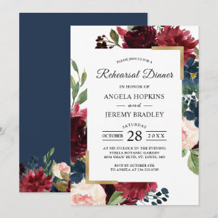 Invitation Dîner de répétition Floral bleu Bourgogne moderne