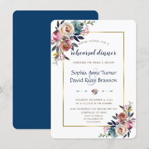 Invitation Dîner de répétition   Floral bleu doré rose