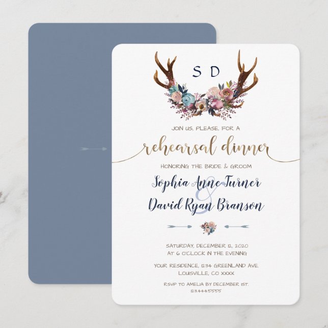 Invitation Dîner de répétition Floral Bleu Dusty Antlers (Devant / Derrière)