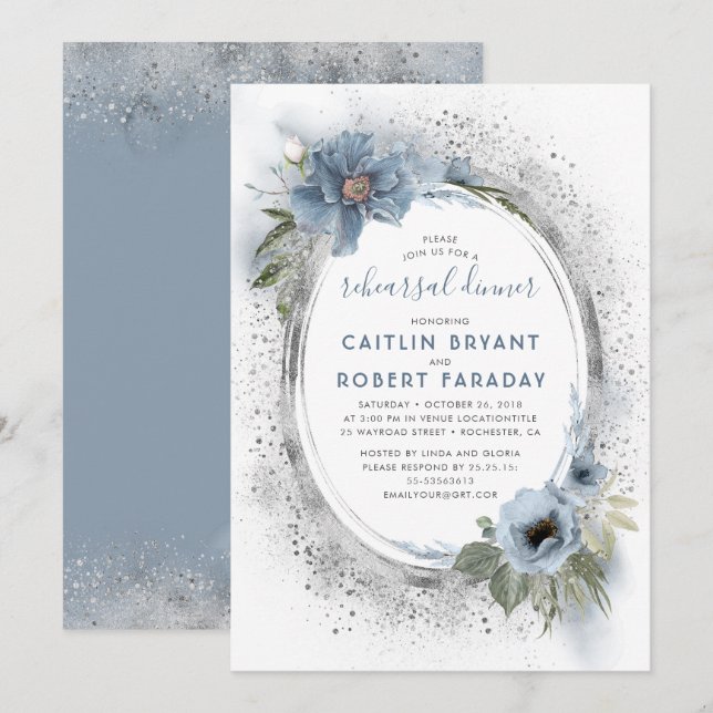 Invitation Dîner de répétition floral bleu et argent (Devant / Derrière)