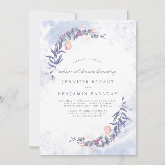 Invitation Dîner de répétition floral bleu et bleu poussiéreu (Devant)