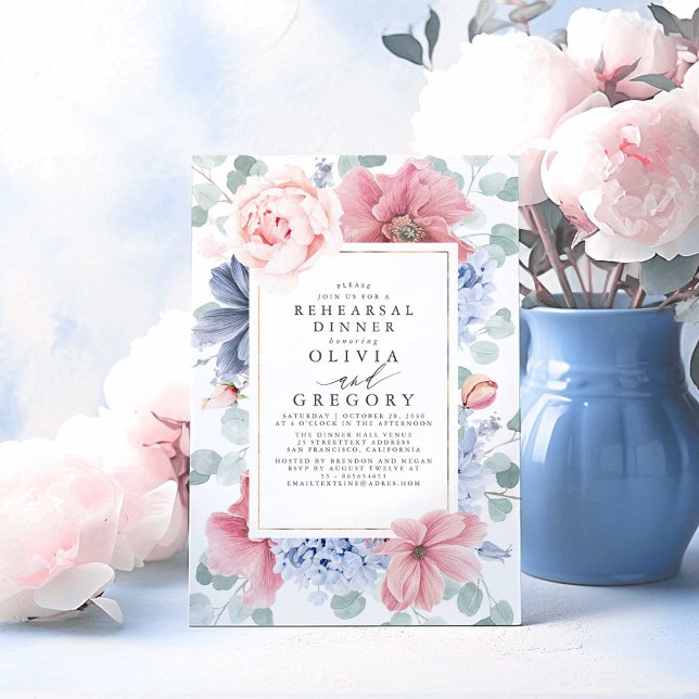 Invitation Dîner de répétition floral bleu et Rose poussiéreu (Dusty Blue Floral Rehearsal Dinner Invitations)