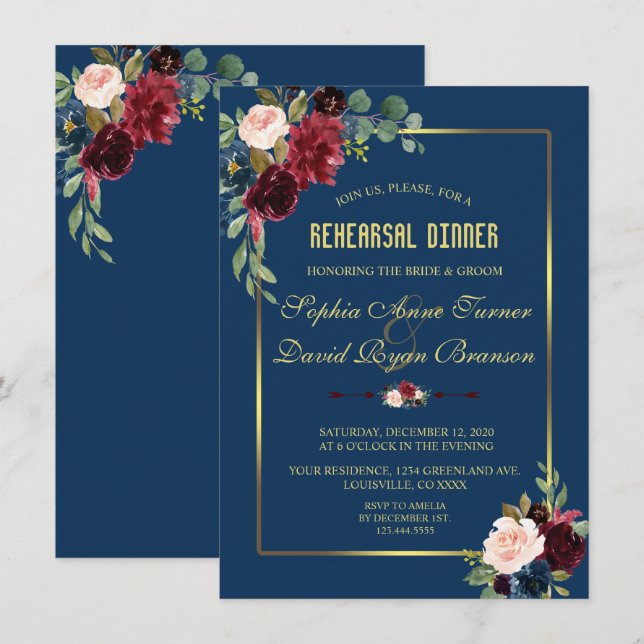 Invitation Dîner de répétition floral bleu marine Bourgogne d (Devant / Derrière)