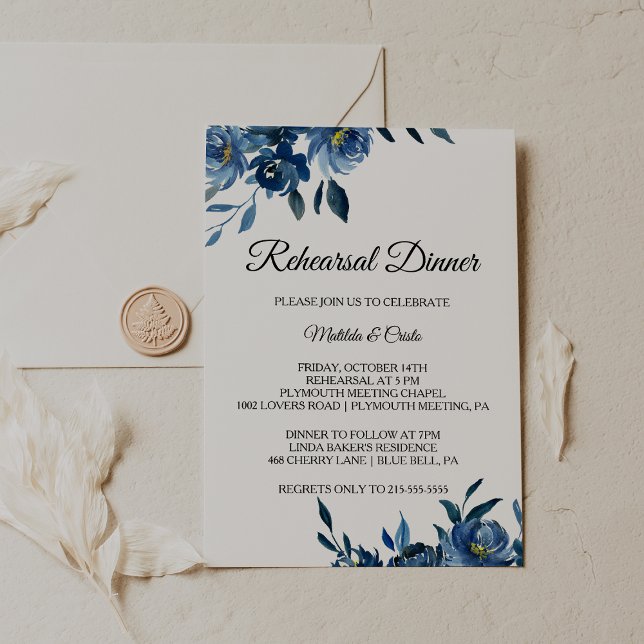 Invitation Dîner de répétition Floral bleu moderne (Créateur téléchargé)