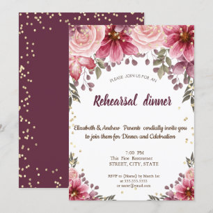 Invitation Dîner de répétition Floral Bourgogne Gold Diamonds