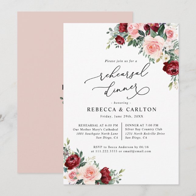 Invitation Dîner de répétition Floral Burgundy Blush Invitati (Devant / Derrière)