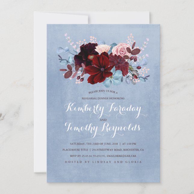 Invitation Dîner de répétition Floral Burgundy et Dusty Blue (Devant)