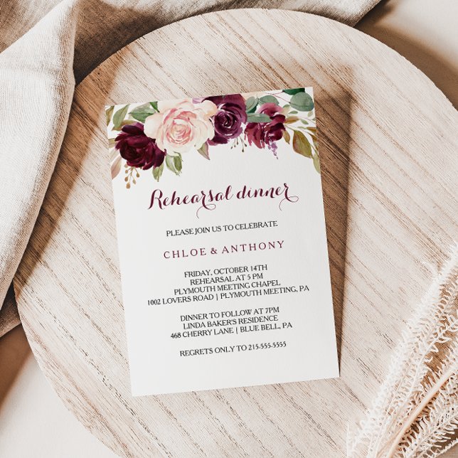 Invitation Dîner de répétition Floral Burgundy Vert (Créateur téléchargé)