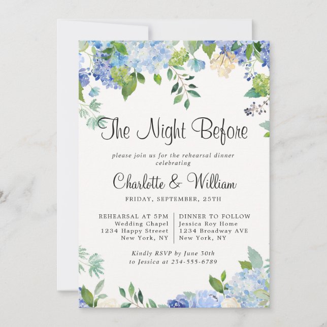 Invitation Dîner de répétition floral chic Blue Light Hydrang (Devant)