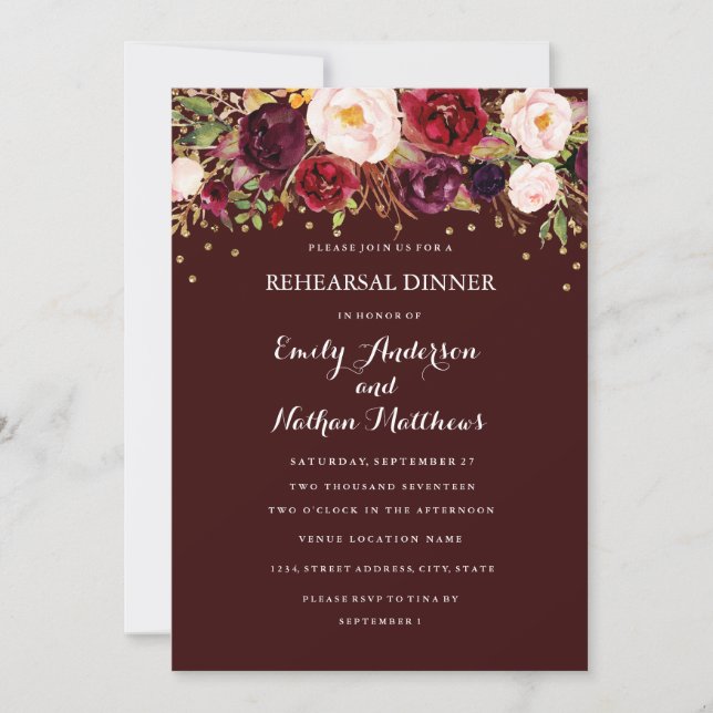 Invitation Dîner de répétition Floral Confetti Gold de Bourgo (Devant)