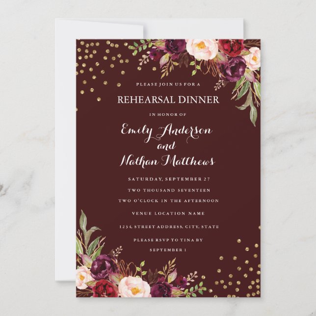 Invitation Dîner de répétition Floral Confetti Gold de Bourgo (Devant)