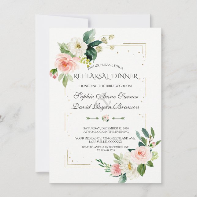 Invitation Dîner de répétition Floral de luxe Parties scintil (Devant)