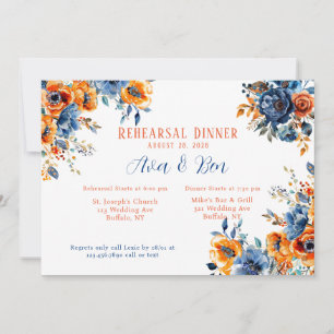 Invitation Dîner de répétition Floral de peinture bleue et or