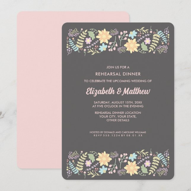 Invitation Dîner de répétition floral moderne gris-bleu rose (Devant / Derrière)