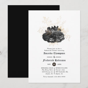 Invitation Dîner de répétition floral noir et or vintage