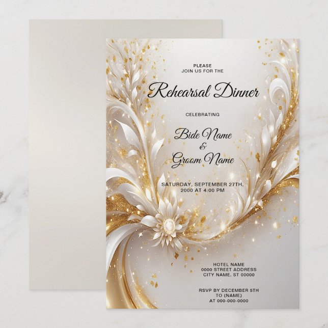 Invitation Dîner de répétition Floral Or Blanc (Devant / Derrière)