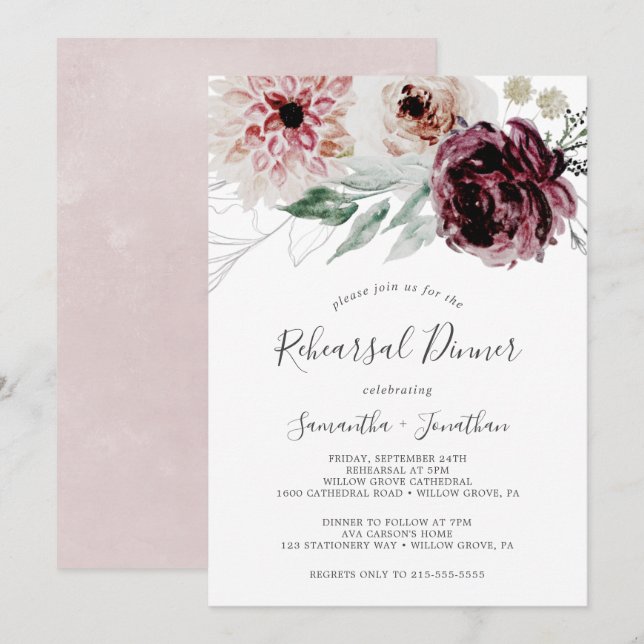 Invitation Dîner de répétition Floral Romance (Devant / Derrière)