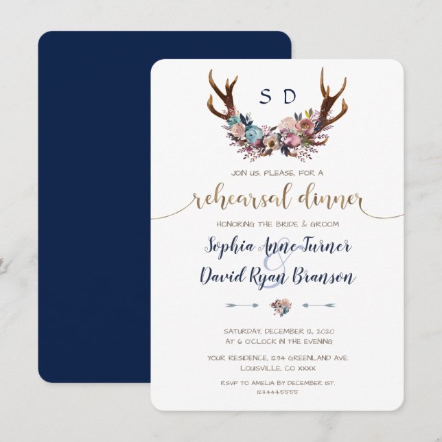 Invitation Dîner de répétition Floral rose bleu Antlers (Devant / Derrière)