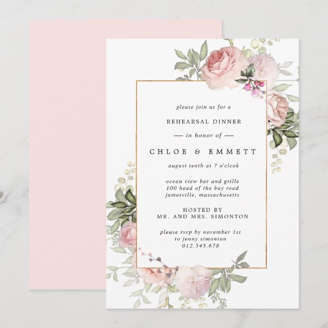 Invitation Dîner de répétition floral rose fuchsia (Devant / Derrière)