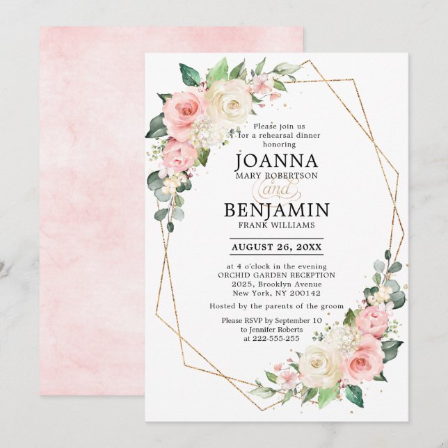Invitation Dîner de répétition Floral Rose rose pastel (Devant / Derrière)
