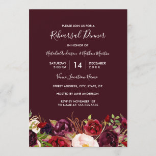 Invitation Dîner de répétition floral rouge Marsala Bourgogne