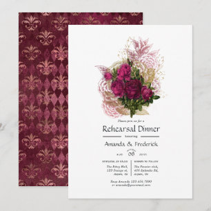 Invitation Dîner de répétition floral shabby or burgundy rose