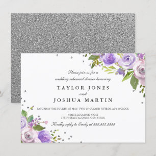 Invitation Dîner de répétition floral violet argenté scintill