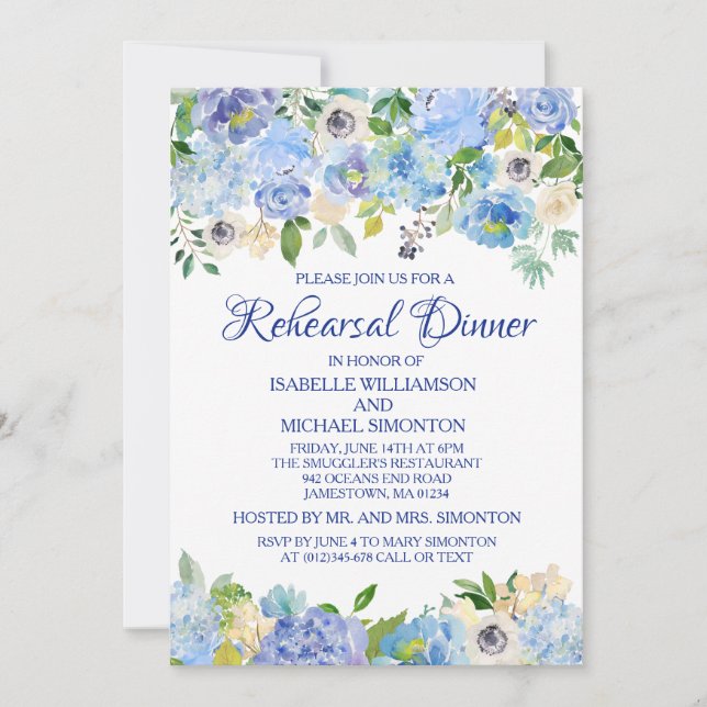 Invitation Dîner de répétition florale bleu et blanc Invitati (Devant)