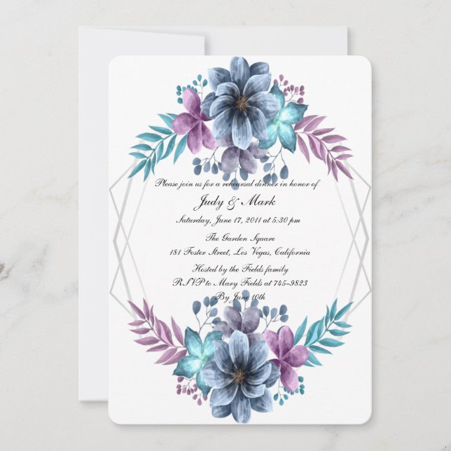Invitation Dîner De Répétition Florale Bleu Et Violet (Devant)