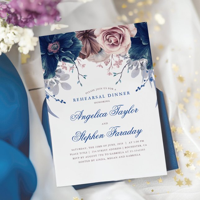 Invitation Dîner de répétition florale bleu marine et mauve (Navy Blue and Mauve Rehearsal Dinner Invitation)