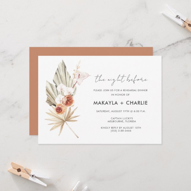 Invitation Dîner de répétition florale Boho (Devant/Arrière en situation)