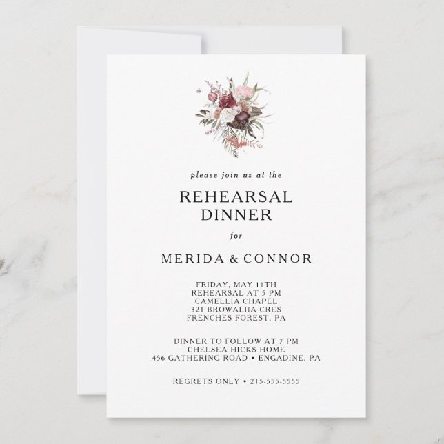 Invitation Dîner de répétition florale Boho Bourgogne Invitat (Devant)