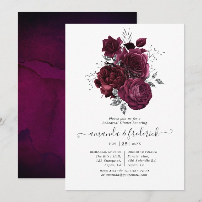 Invitation Dîner de répétition florale bordeaux et argenté (Devant / Derrière)