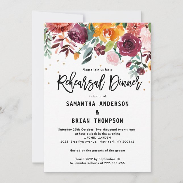 Invitation Dîner de répétition Florale Burgundy d'automne (Devant)
