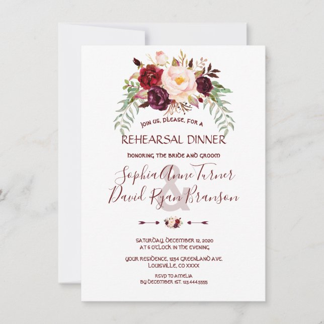 Invitation Dîner de répétition florale Burgundy Marsala (Devant)