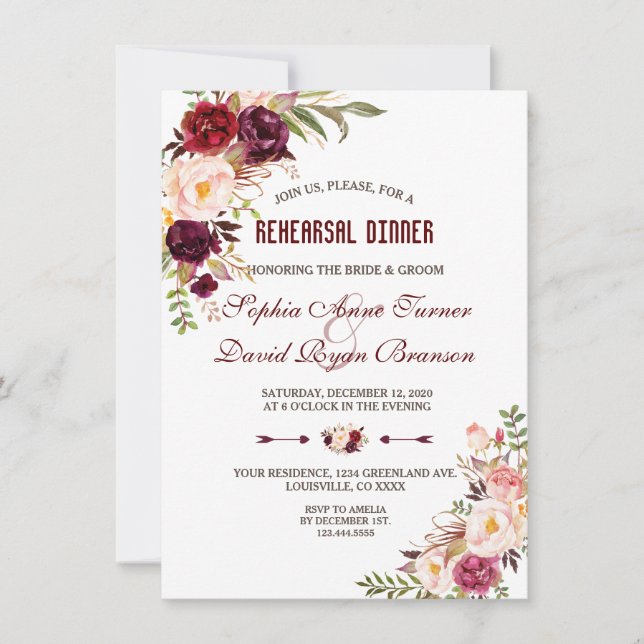 Invitation Dîner de répétition florale Burgundy Marsala (Devant)