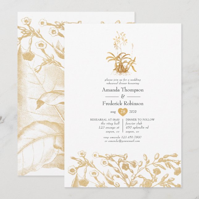 Invitation Dîner De Répétition Florale Chic Gold (Devant / Derrière)