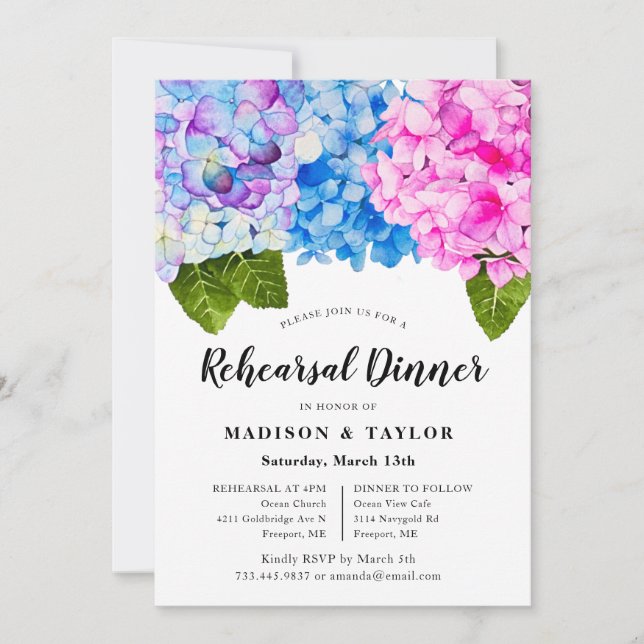 Invitation Dîner de répétition florale couleur bleu rose chic (Devant)