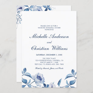 Invitation Dîner de répétition florale d'aquarelle bleue Invi
