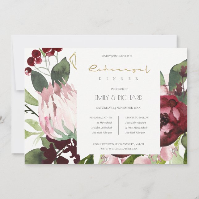 INVITATION DÎNER DE RÉPÉTITION FLORALE DE PROTÉA BURGUNDÉ ROS (Devant)