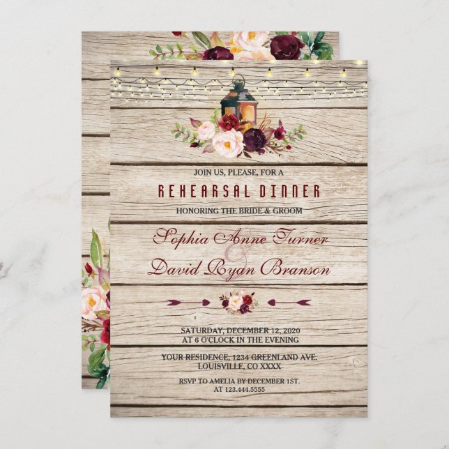 Invitation Dîner de répétition florale du Marsala de Bourgogn (Devant / Derrière)