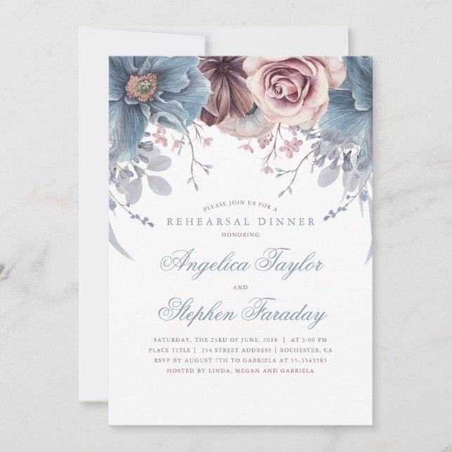 Invitation Dîner de répétition florale Dusty Blue et Mauve (Devant)